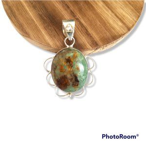 Green & Brown Jasper Natural Stone Oval Pendant In Sterling Silver